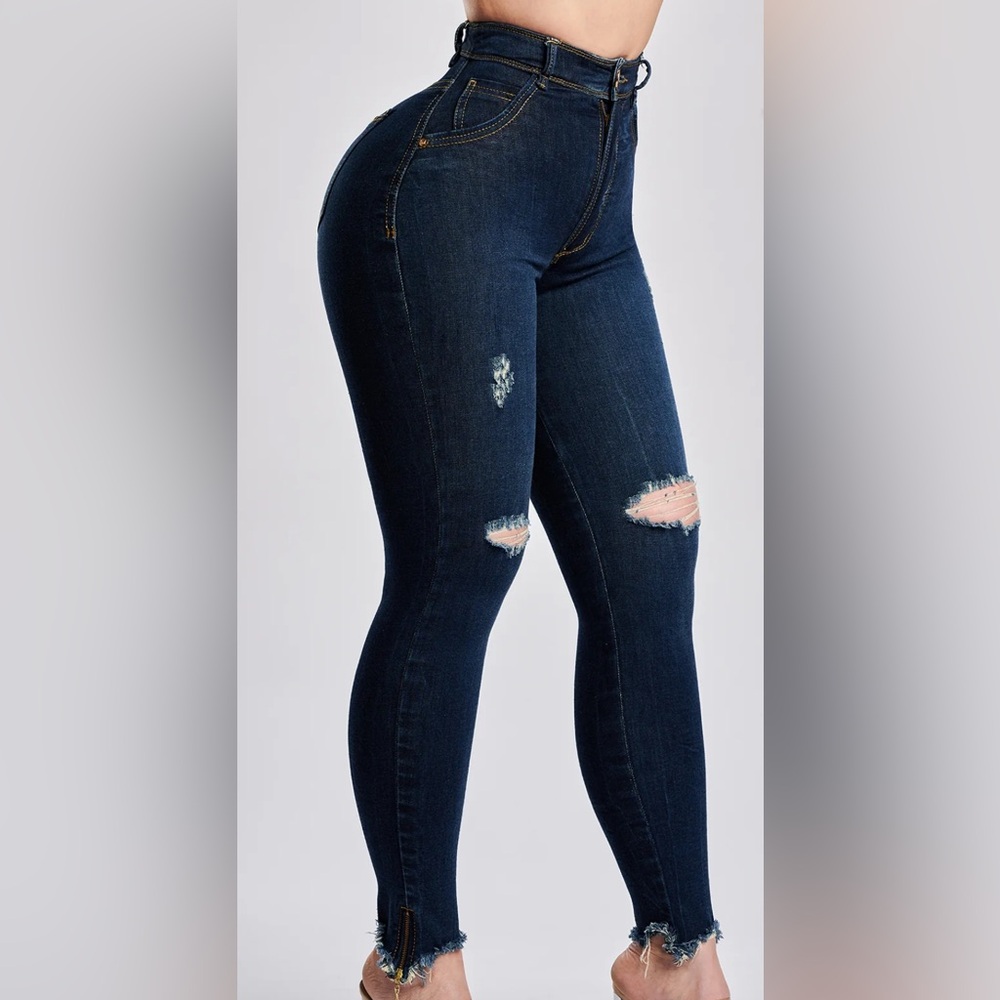 Fashion Nova Dark Blue Distressed Skinny Jeans